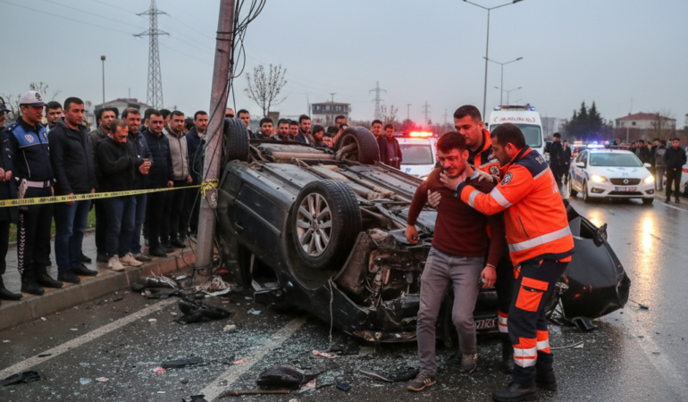 Bafrada otomobil aydinlatma diregine carparak devrildi 1 yarali gemini