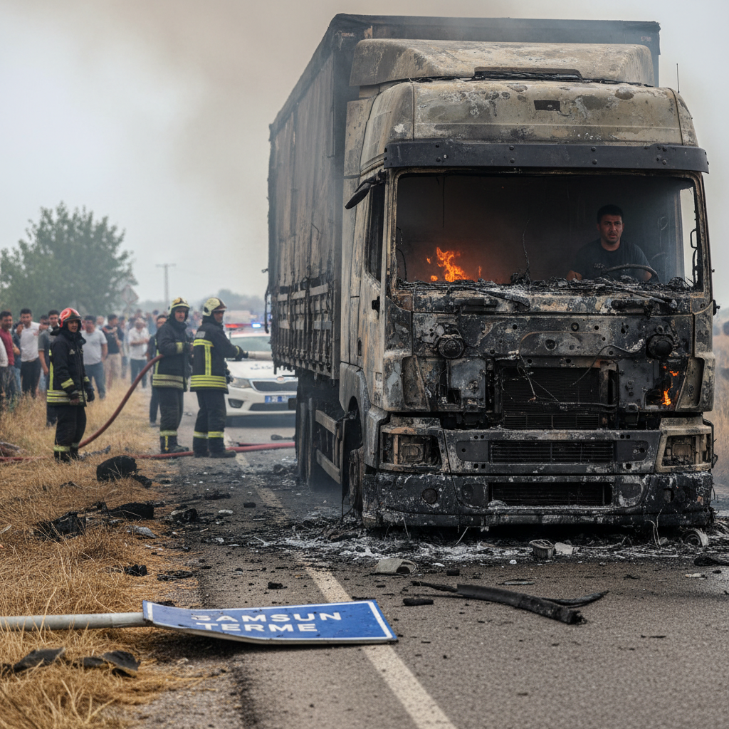 Samsun Termede korkutan tir yangini Arac kule dondu gemini