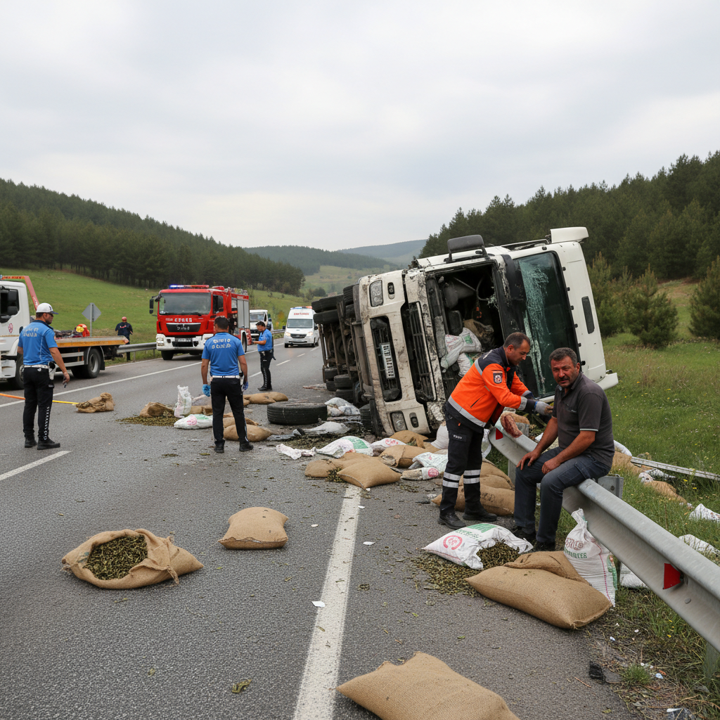 Samsunda cay yuklu tir devrildi Kazada surucu yaralandi gemini