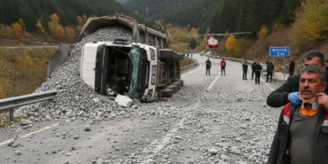 Havzada maden yuklu tir devrildi Yol cevherle doldu surucu yaralandi gemini