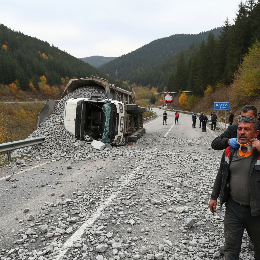 Havzada maden yuklu tir devrildi Yol cevherle doldu surucu yaralandi gemini