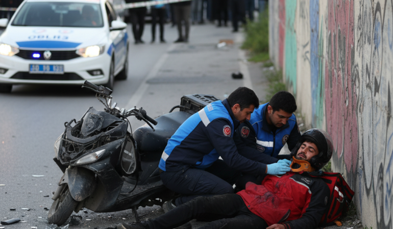 Samsun Ilkadimda rayli sistem duvarina carpan motokurye yaralandi gemini