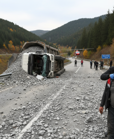 Havzada maden yuklu tir devrildi Yol cevherle doldu surucu yaralandi gemini