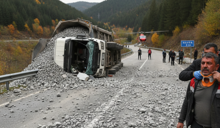 Havzada maden yuklu tir devrildi Yol cevherle doldu surucu yaralandi gemini